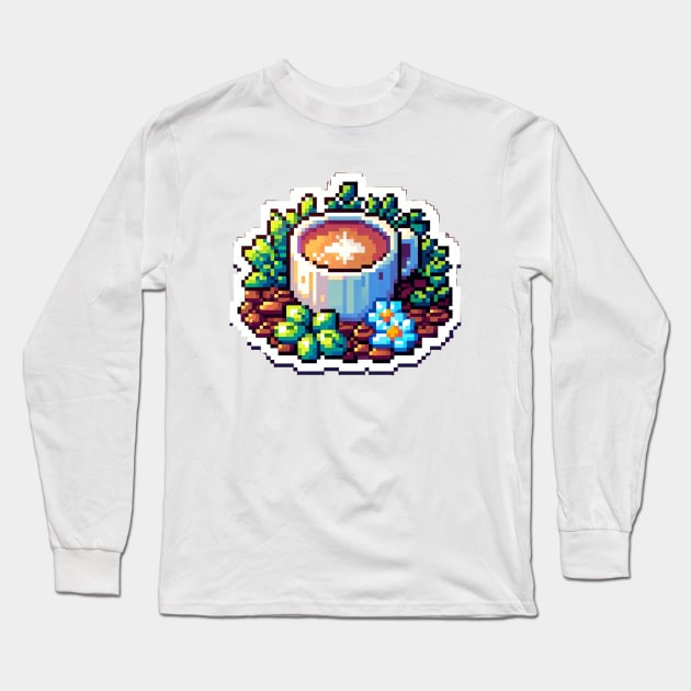 Coffee Pixel Flower Vintage Art Since Long Sleeve T-Shirt by Flowering Away